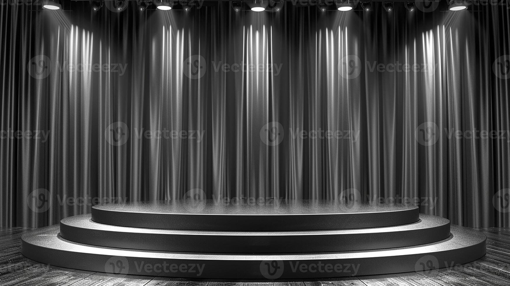 AI generated stage with black curtains and spotlight photo