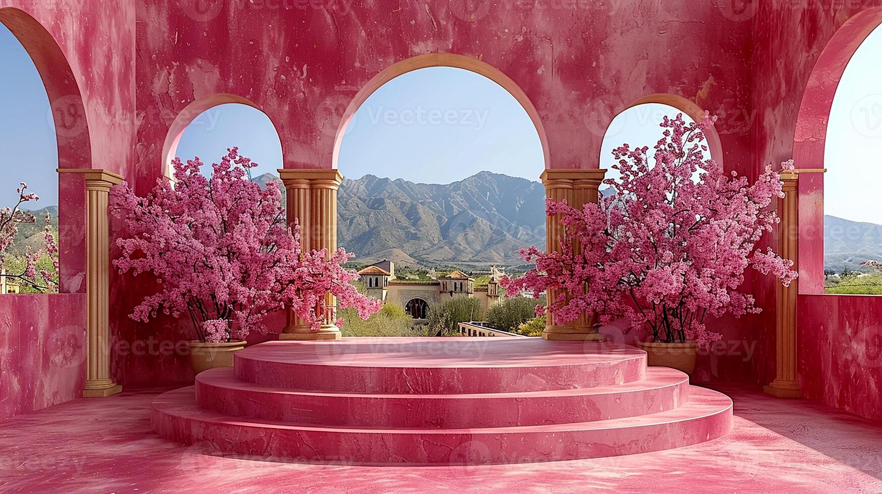 AI generated a pink room with a stage and flowers photo