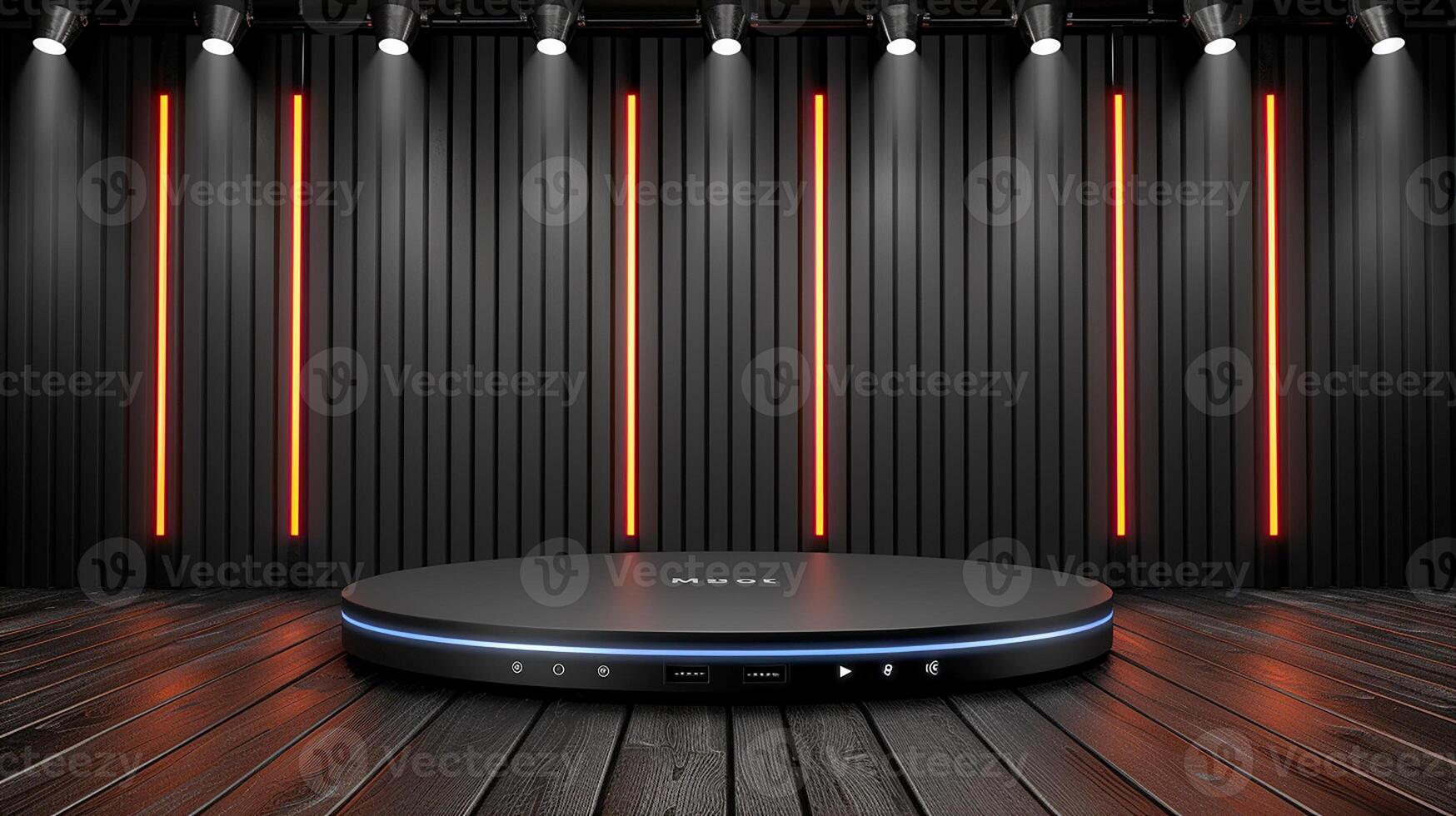 AI generated a black stage with a round table in front of a wall photo