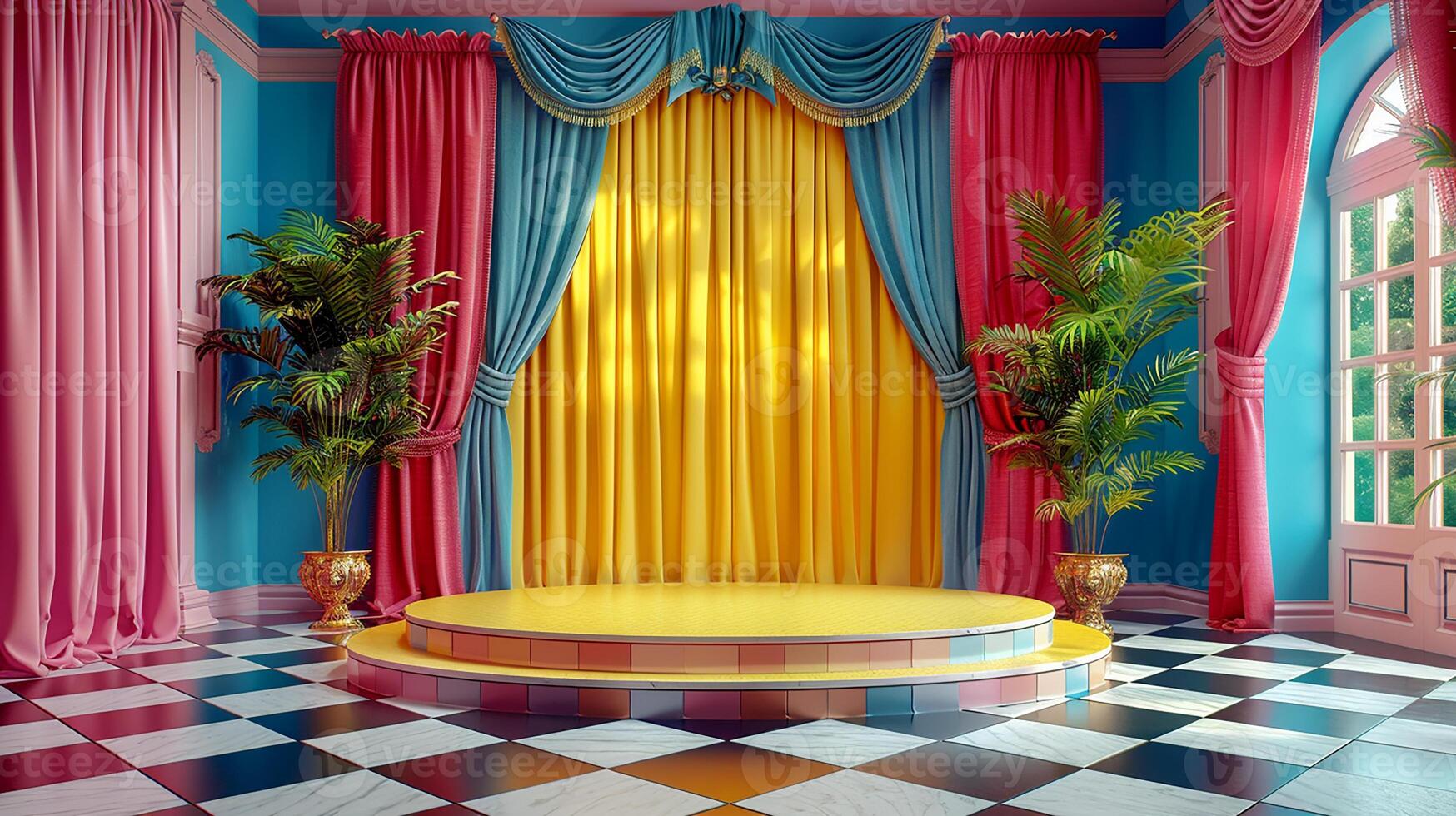 AI generated a room with colorful curtains and a stage photo