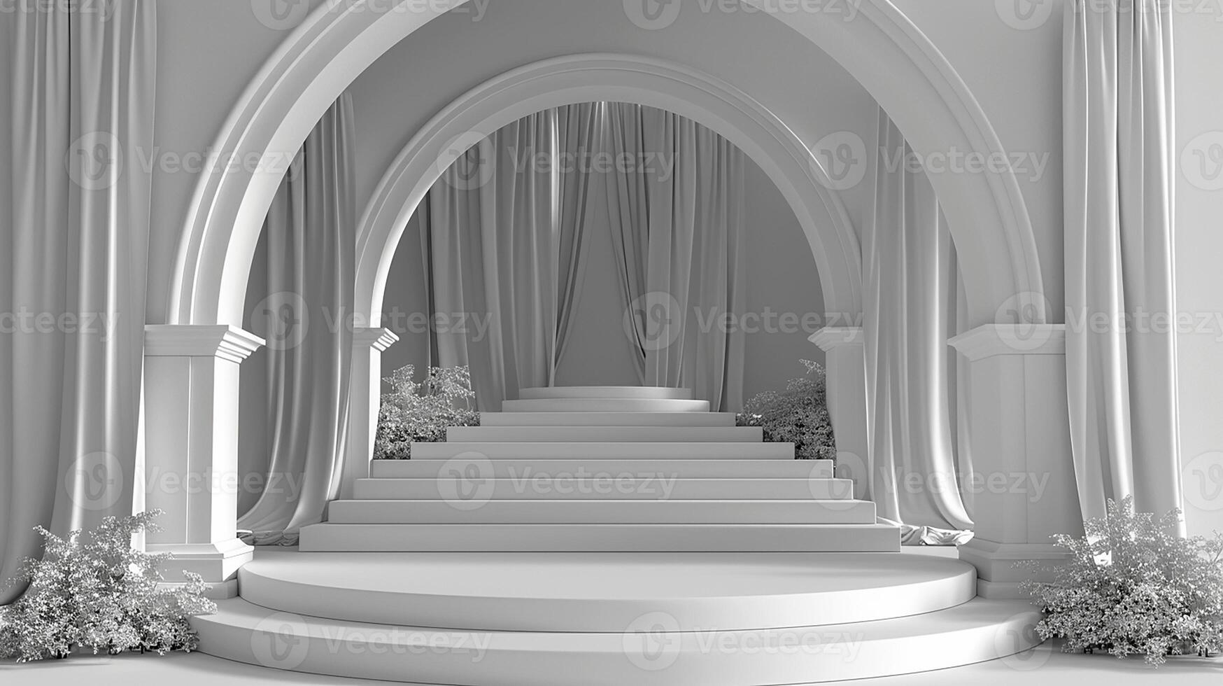 AI generated 3d rendering of a white archway with curtains photo