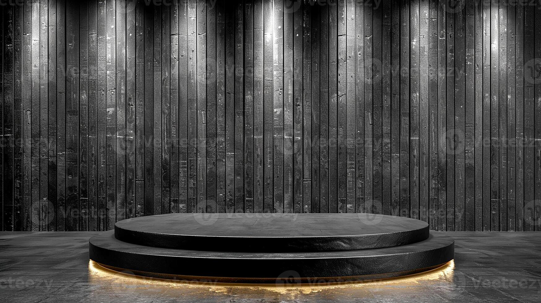 AI generated black stage with wooden wall and spotlight photo
