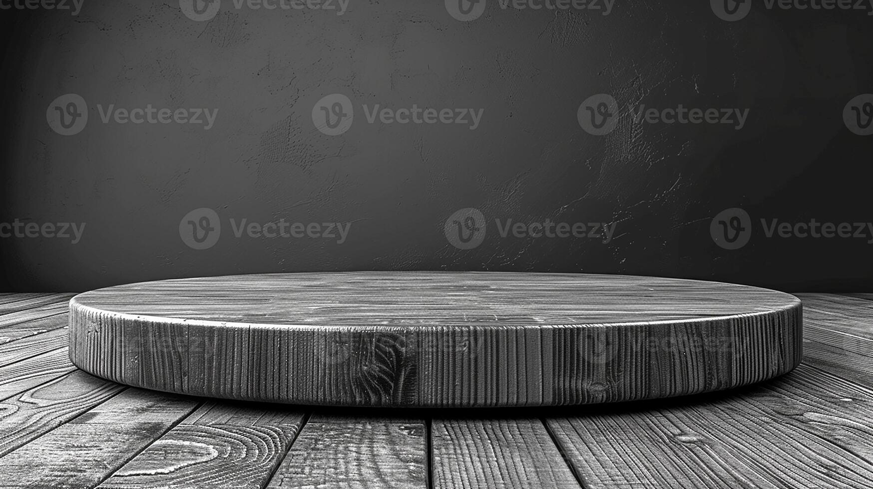 AI generated round table on wooden floor with black wall background photo