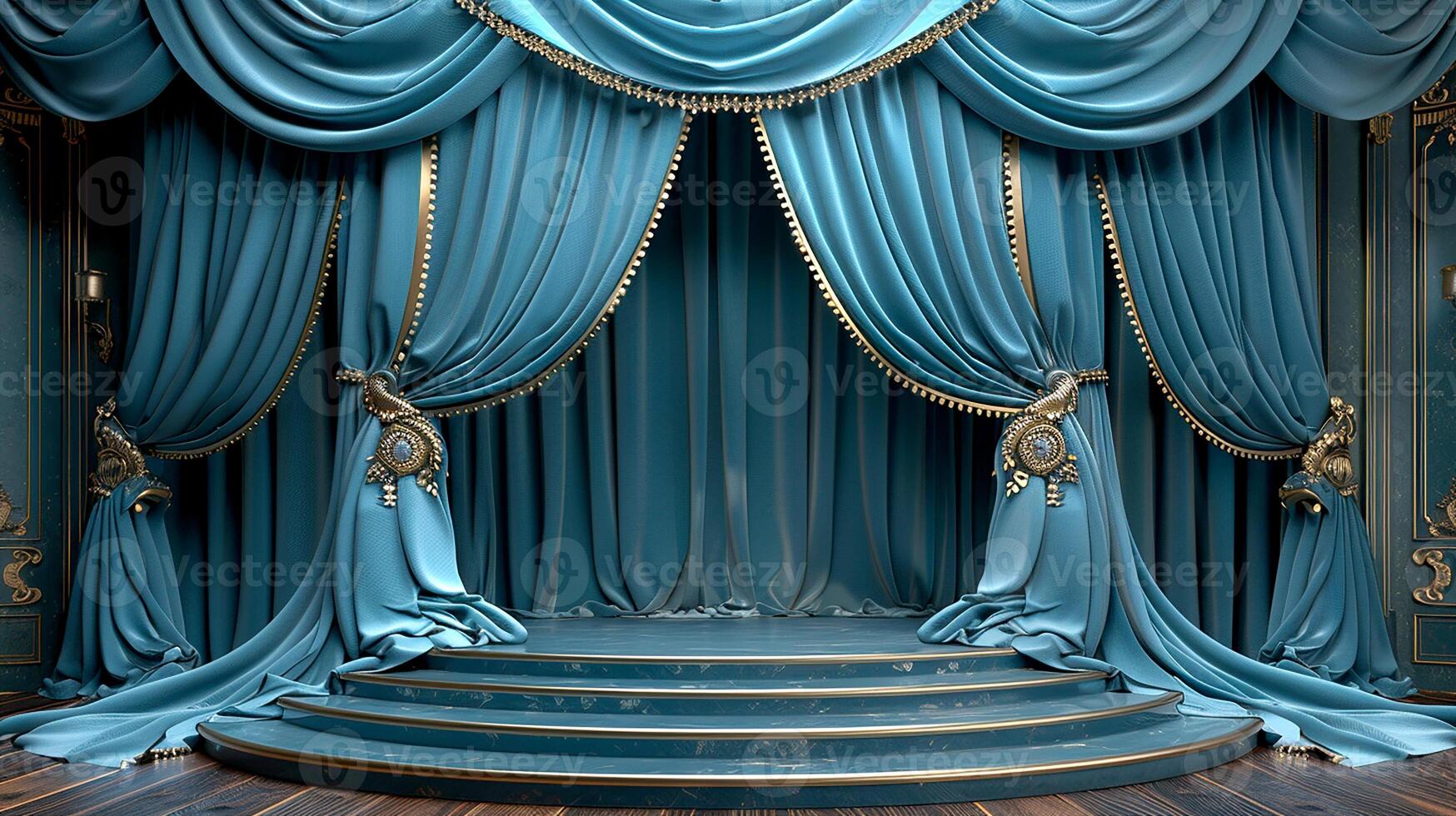 AI generated a stage with blue curtains and gold trim photo