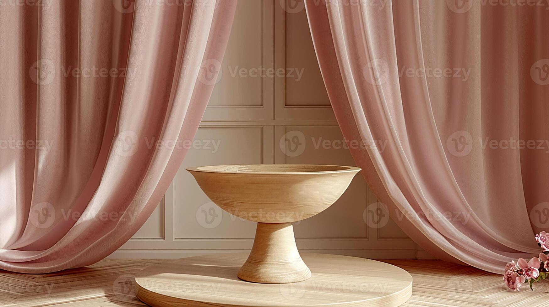 AI generated a wooden bowl sits on a wooden stand in front of a curtain photo