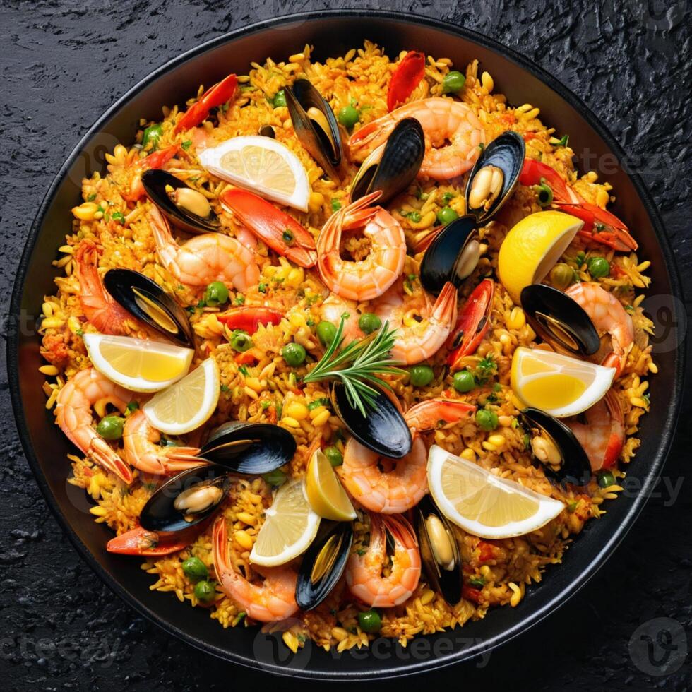 ai generado Mariscos paella en negro pan foto