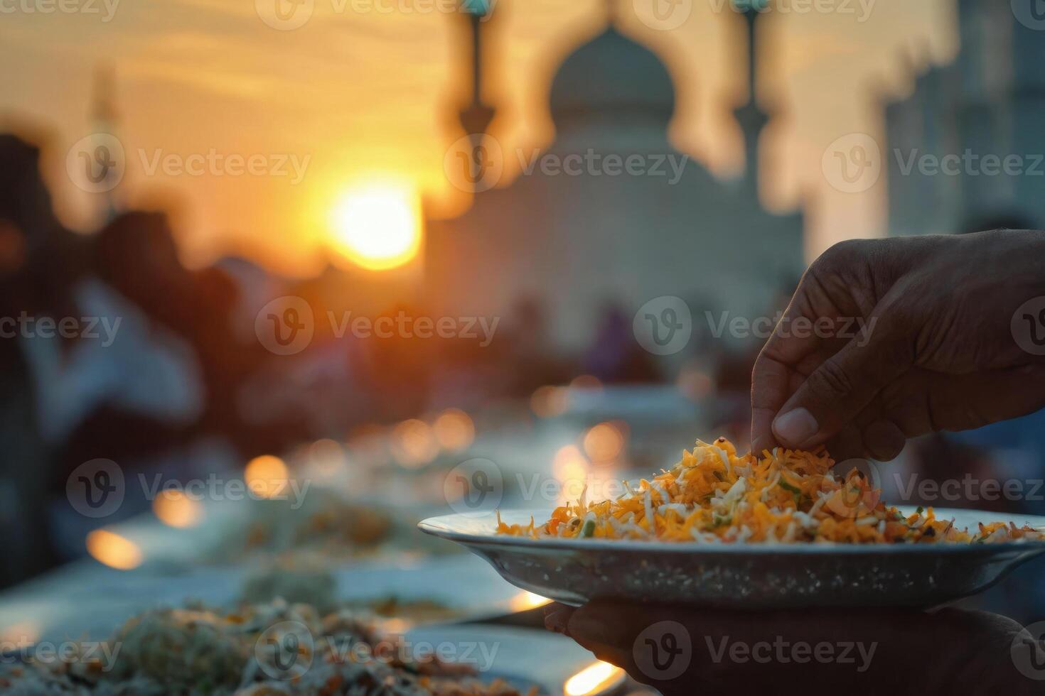 AI generated Sunset Feast During Ramadan at a Mosque, symbolizing the breaking of the fasting. photo