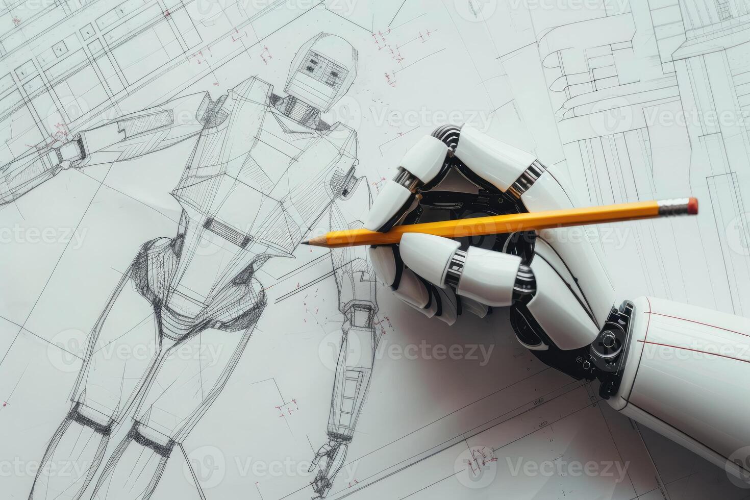 AI generated Robot Arm Holding a Pencil Over an Architectural Blueprint in a Design Studio photo
