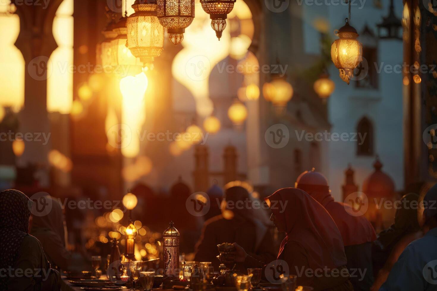 ai generado puesta de sol banquete durante Ramadán a un mezquita, simbolizando el rotura de el ayuno. foto