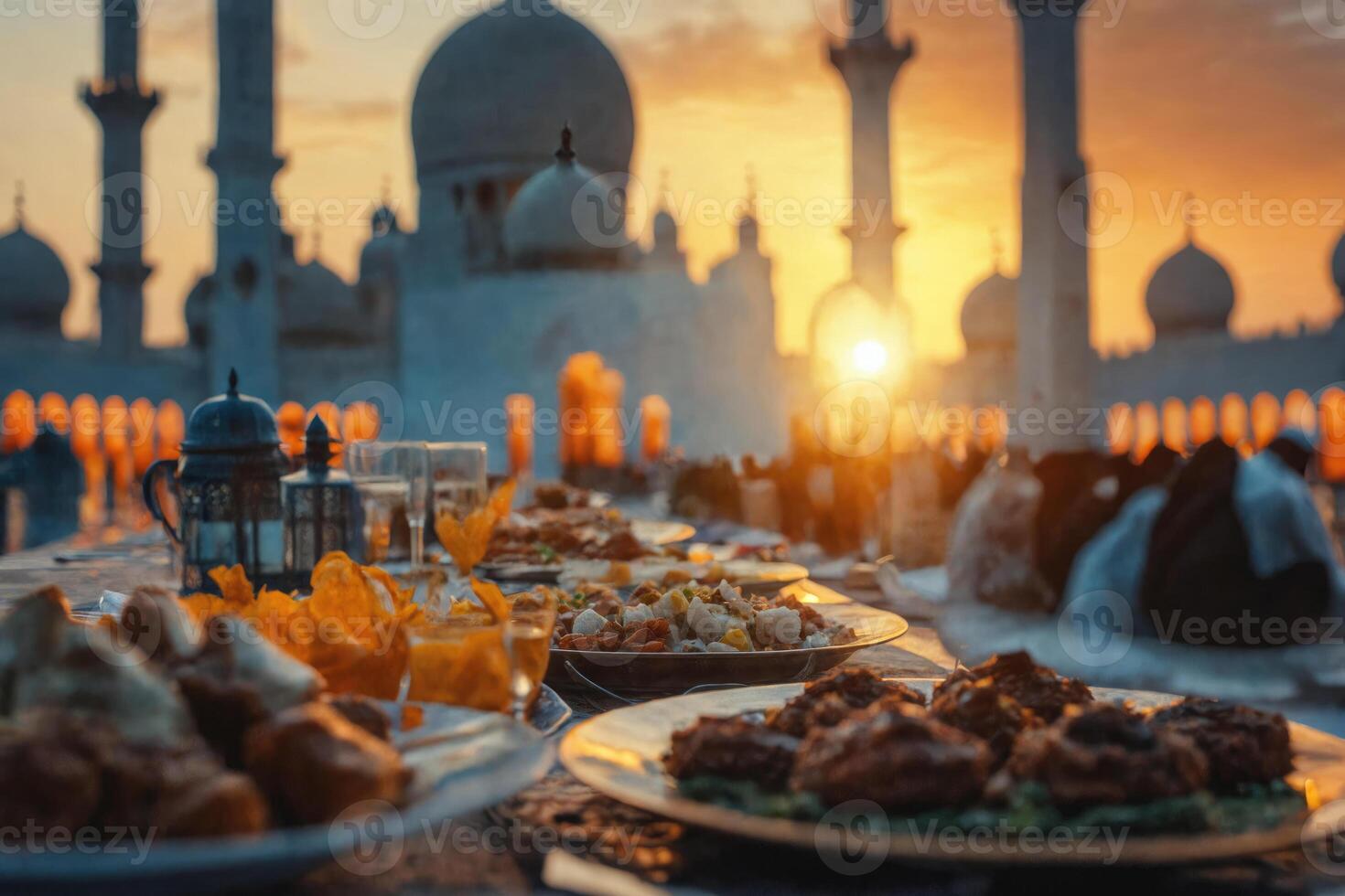 AI generated Sunset Feast During Ramadan at a Mosque, symbolizing the breaking of the fasting. photo