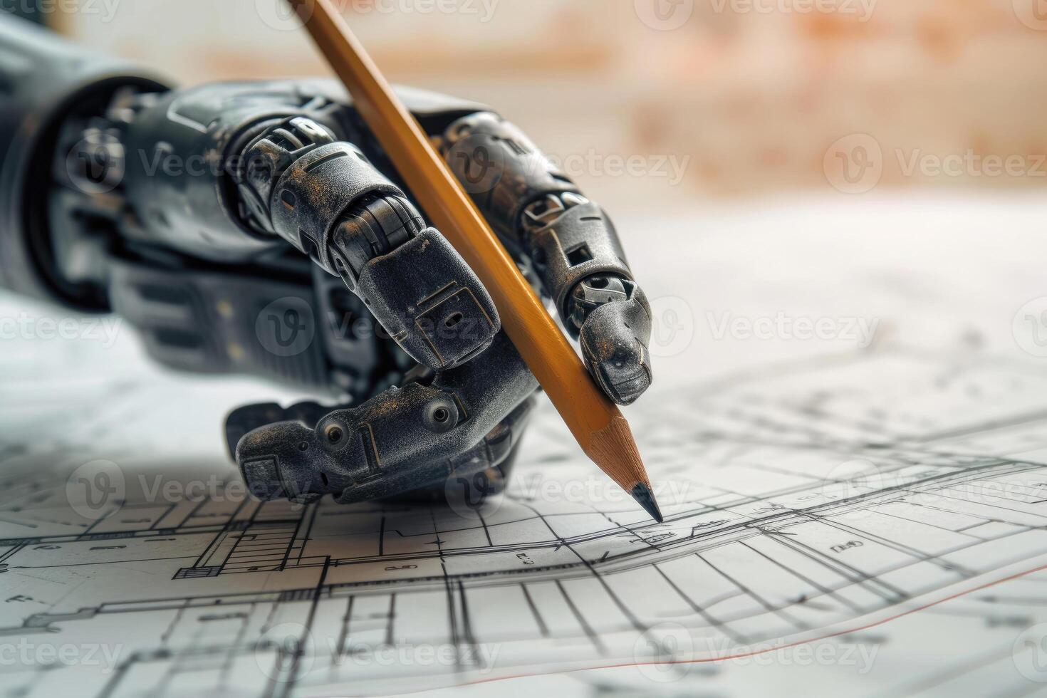 ai generado robot brazo participación un lápiz terminado un arquitectónico Plano en un diseño estudio foto