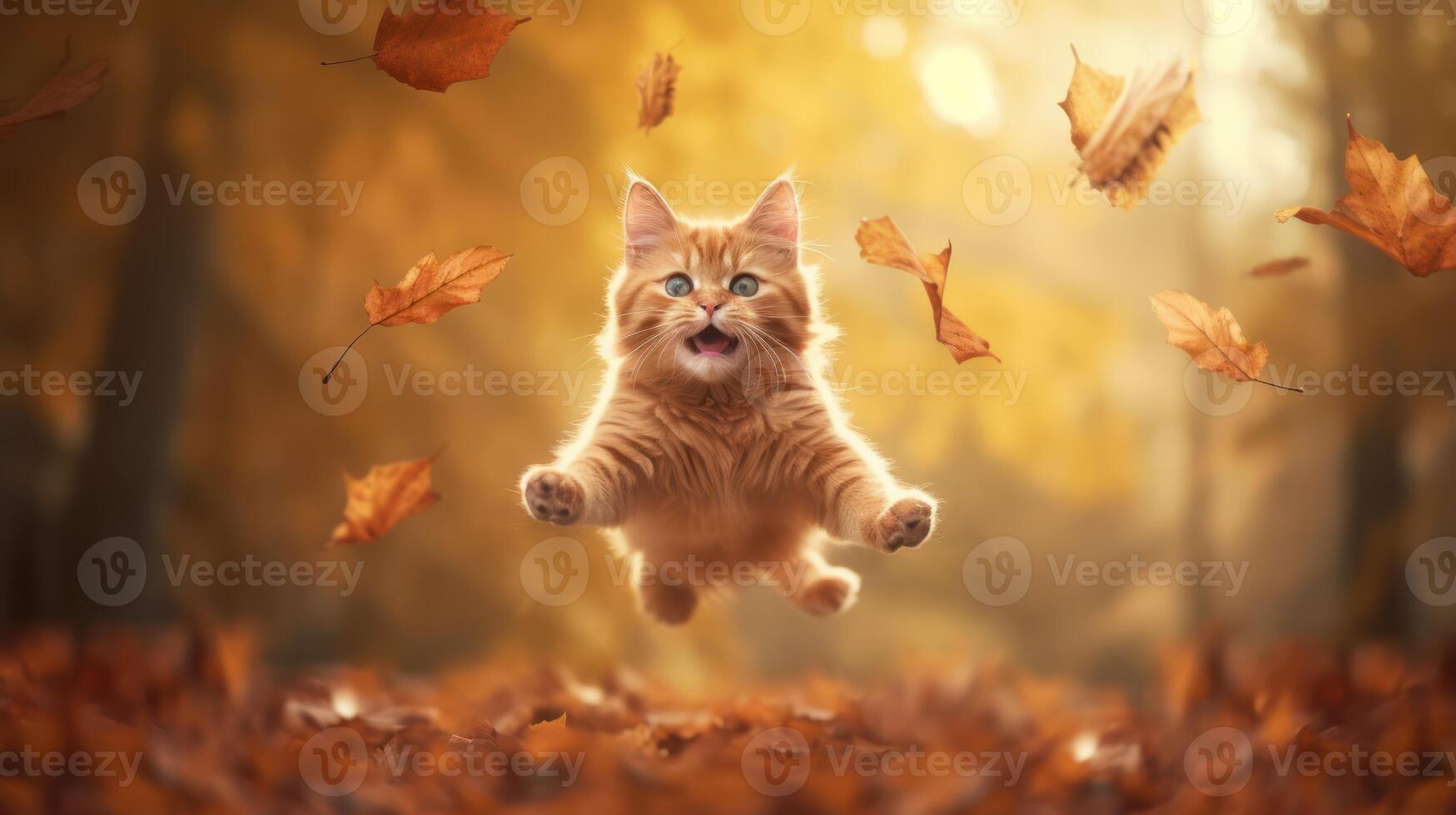 AI generated flying cat with autumn leaves photo
