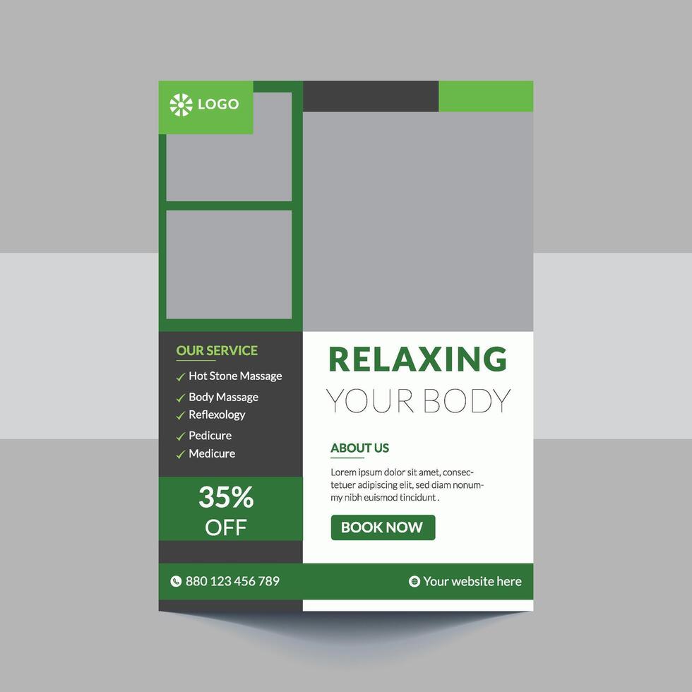 Spa Flyer Template design with simple, elegant and stylish design, with green and gold color combination, suitable for brochure, flyer, invitation and other vector