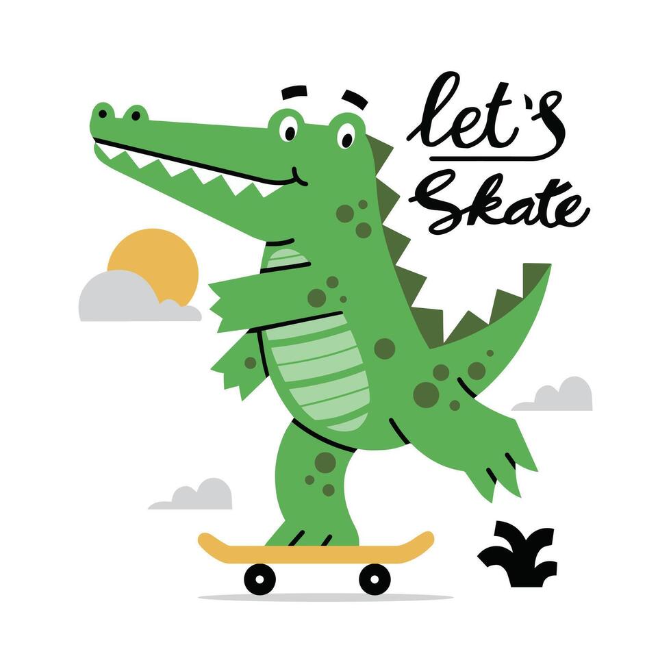 Cute crocodile playing skateboard illustration premium vector