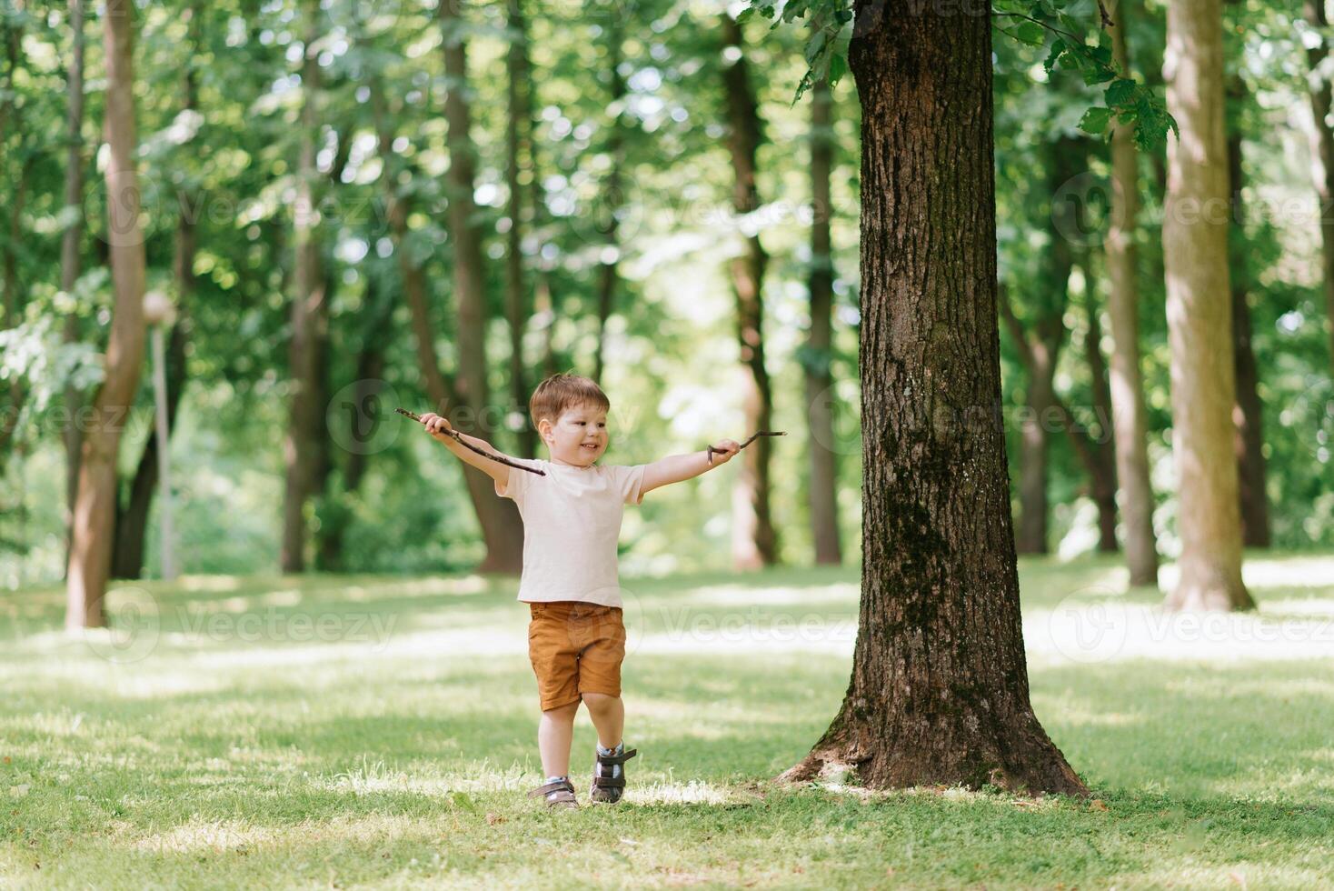 pequeño caucásico chico jugando al aire libre en el parque con un palo desde un árbol foto