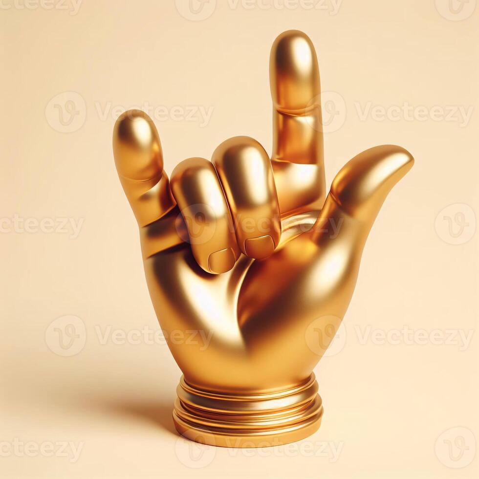 AI generated A golden 3d hand in a love sign gesture isolated on a soft beige background. photo