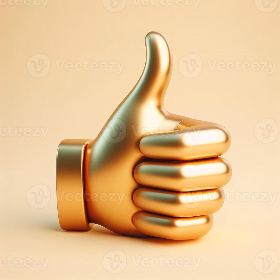 AI generated A golden 3d thumbs-up hand symbol, highly detailed and realistic, set against a soft beige background photo