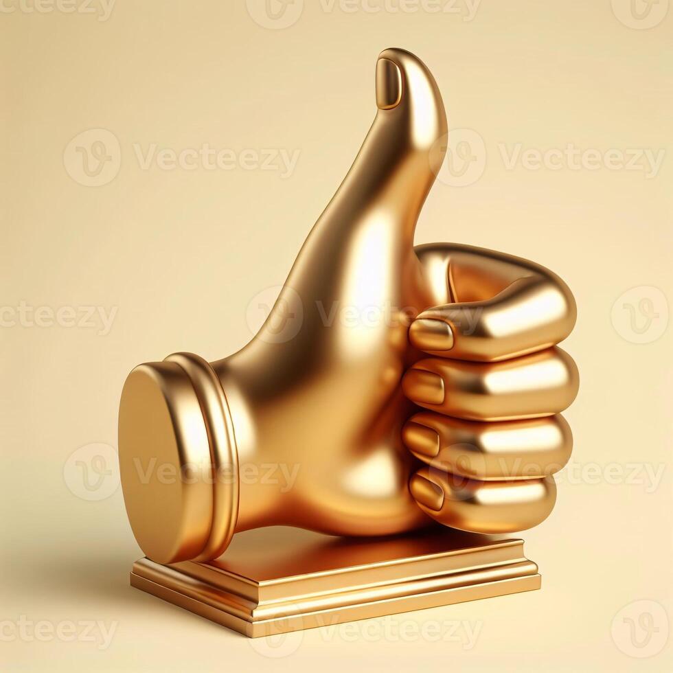 AI generated A golden 3d thumbs-up hand symbol, highly detailed and realistic, set against a soft beige background photo