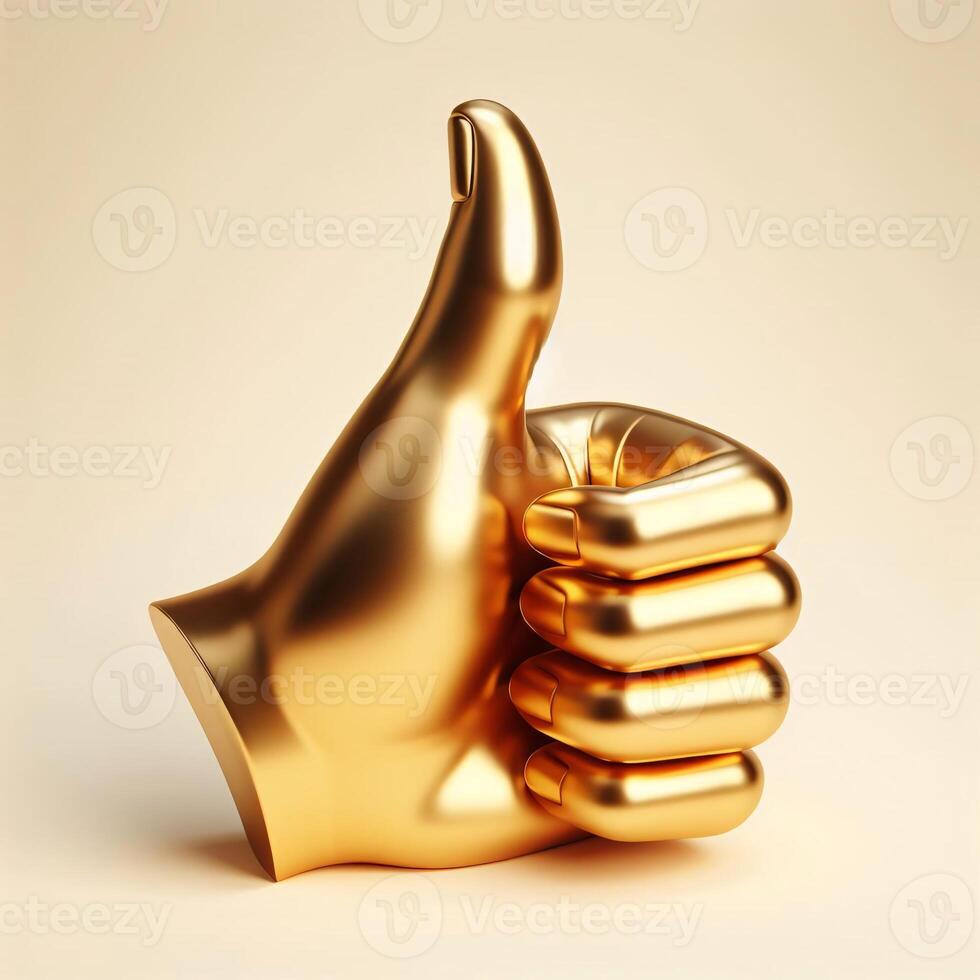 AI generated A golden 3d thumbs-up hand symbol, highly detailed and realistic, set against a soft beige background photo