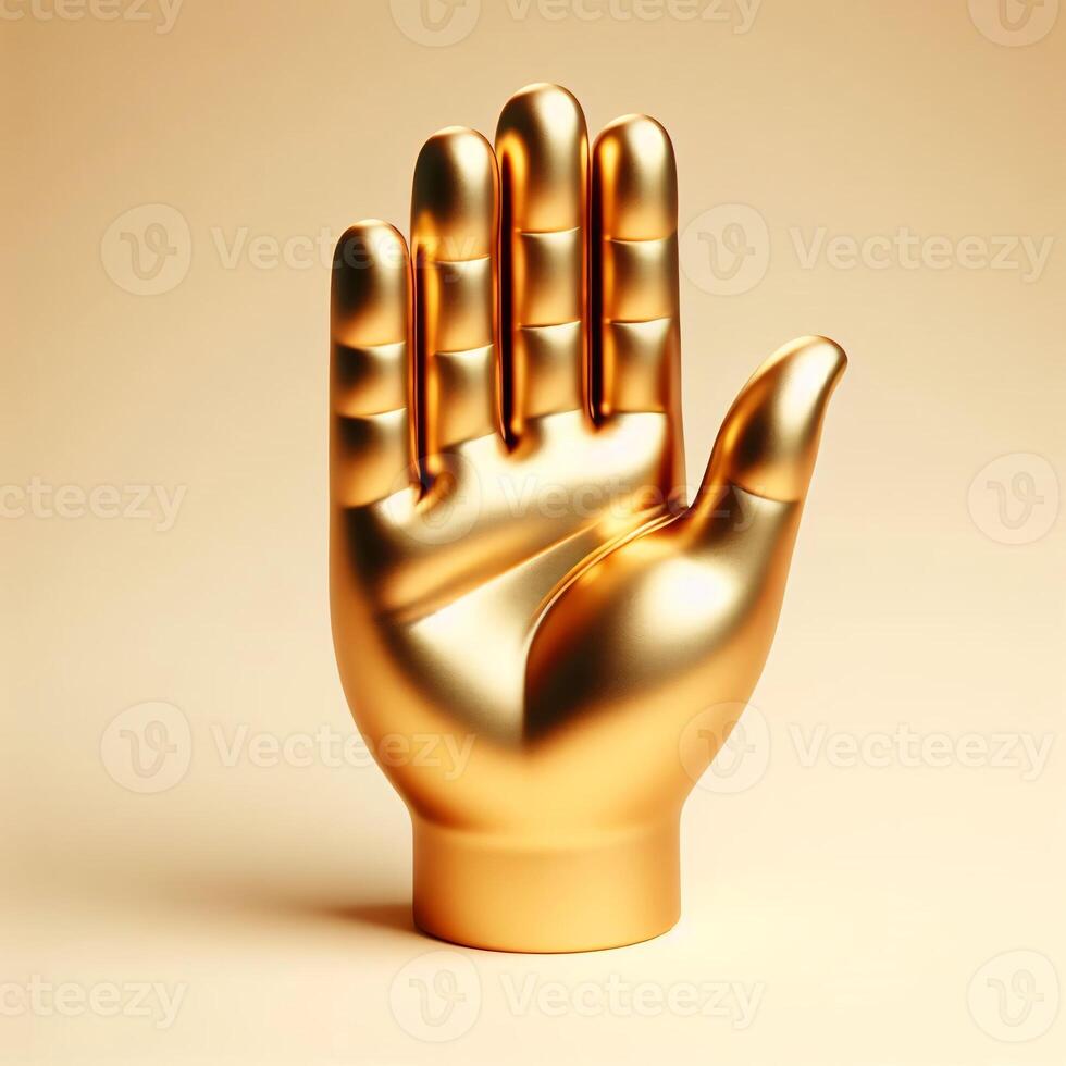 AI generated A golden 3d hand sculpture in a graceful, reaching pose gesture isolated on a soft beige background. photo