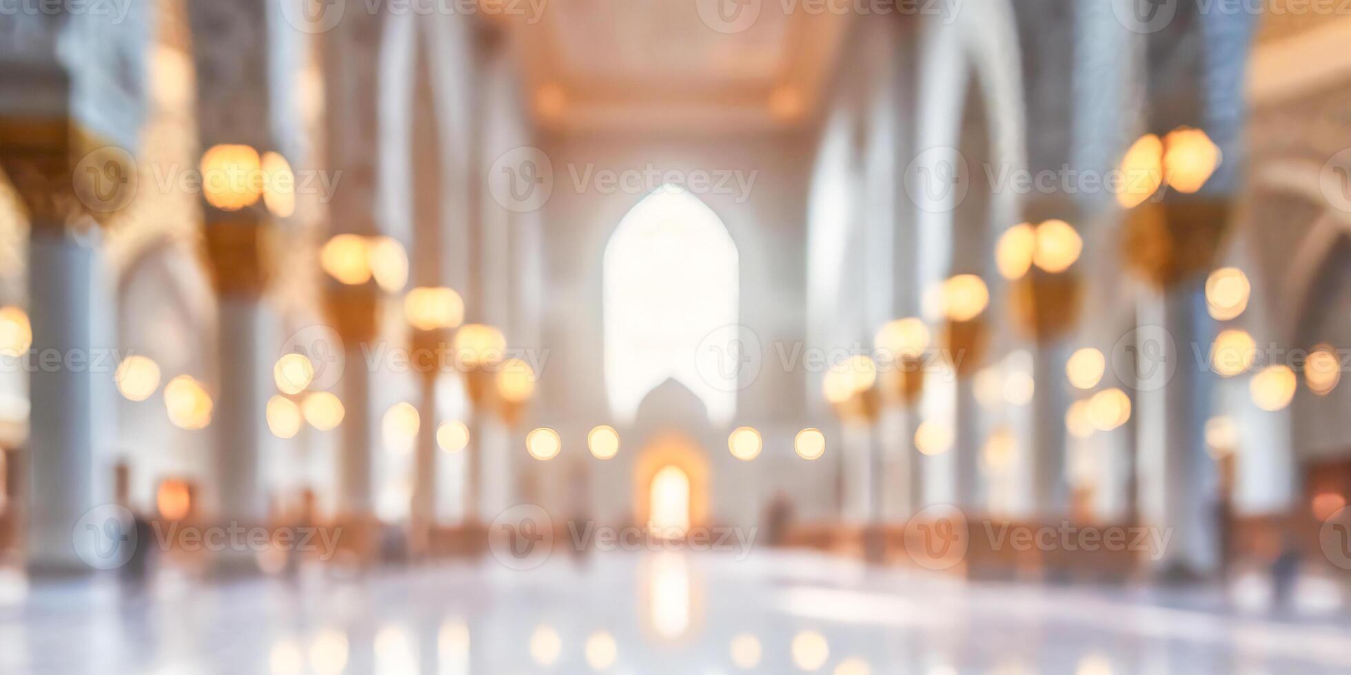 ai generado borroso interior de un grandioso mezquita interior con elegante candelabros y intrincado diseños, candelabros, y iluminado por el sol ambiente, bañado en natural ligero. foto
