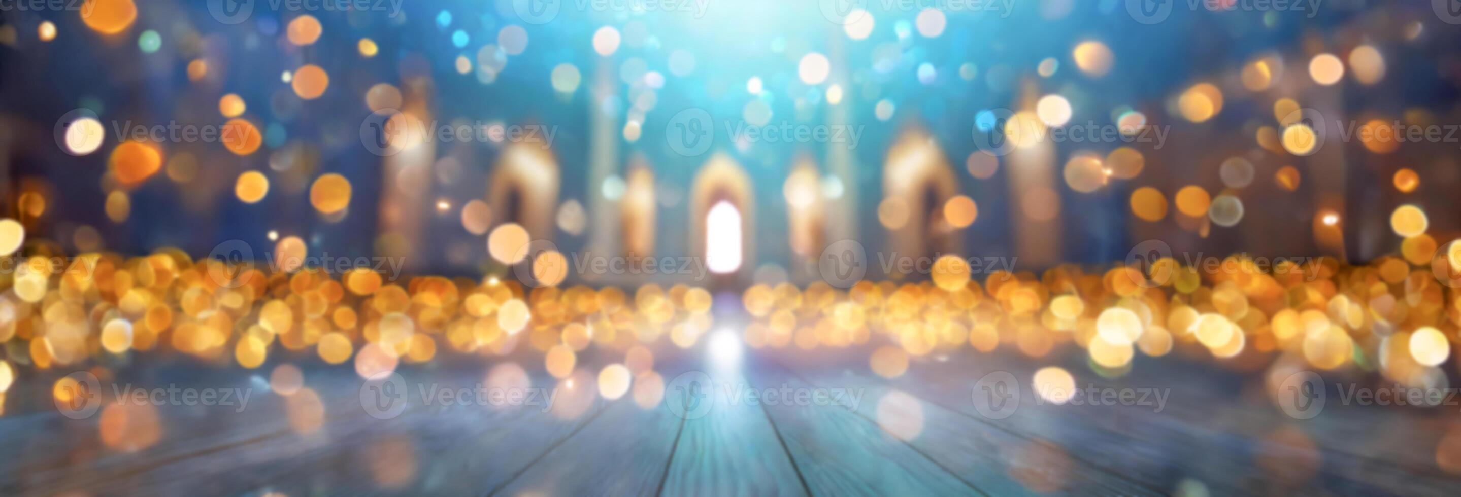 AI generated Bokeh lights illuminating a serene blurred mosque interior with arched windows and a wooden floor, super wide. photo