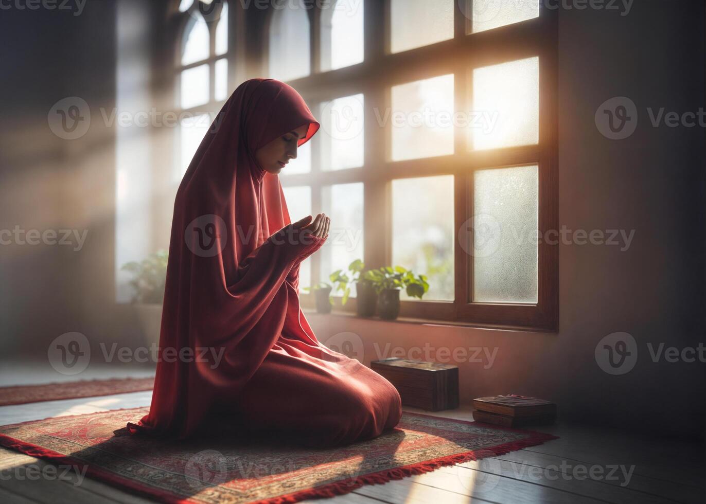 AI generated A Muslim woman, covered in a red veil, kneels in prayer as the sun's rays filter through a nearby window. photo