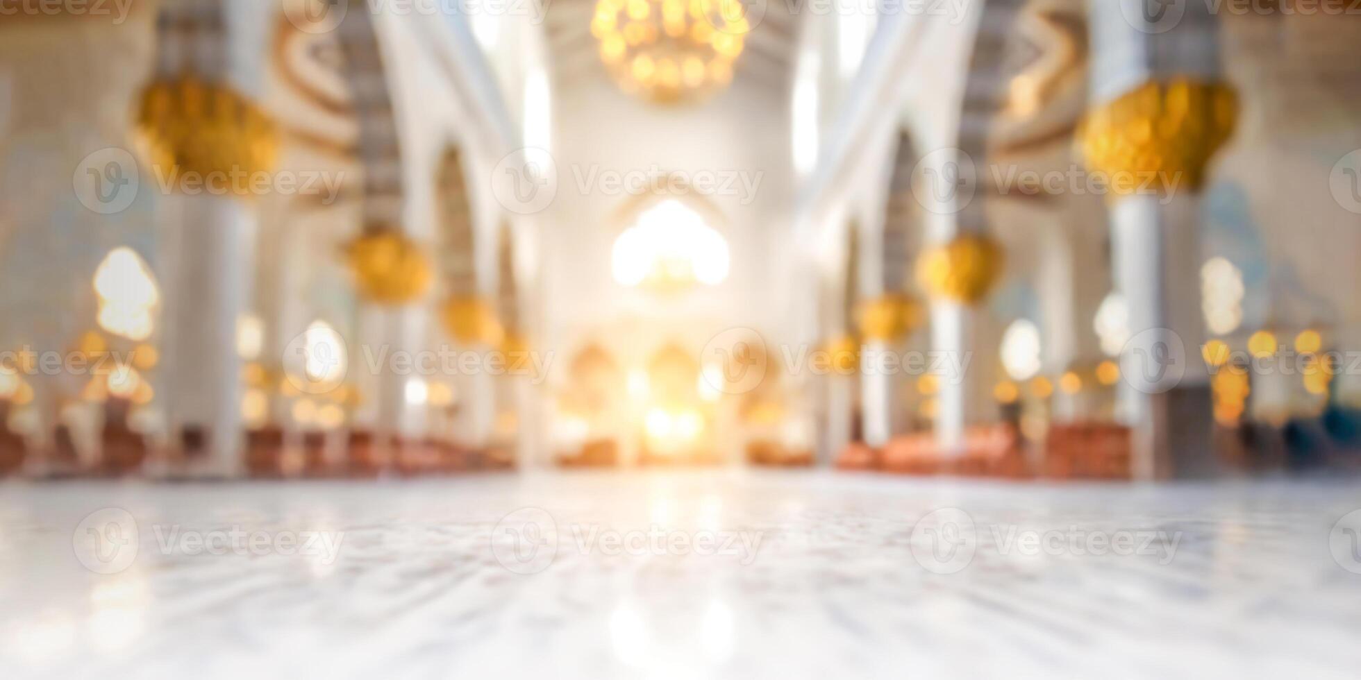 AI generated Blurred interior of a grand mosque interior with elegant chandeliers and intricate designs, chandeliers, and sunlit ambiance, bathed in natural light. photo