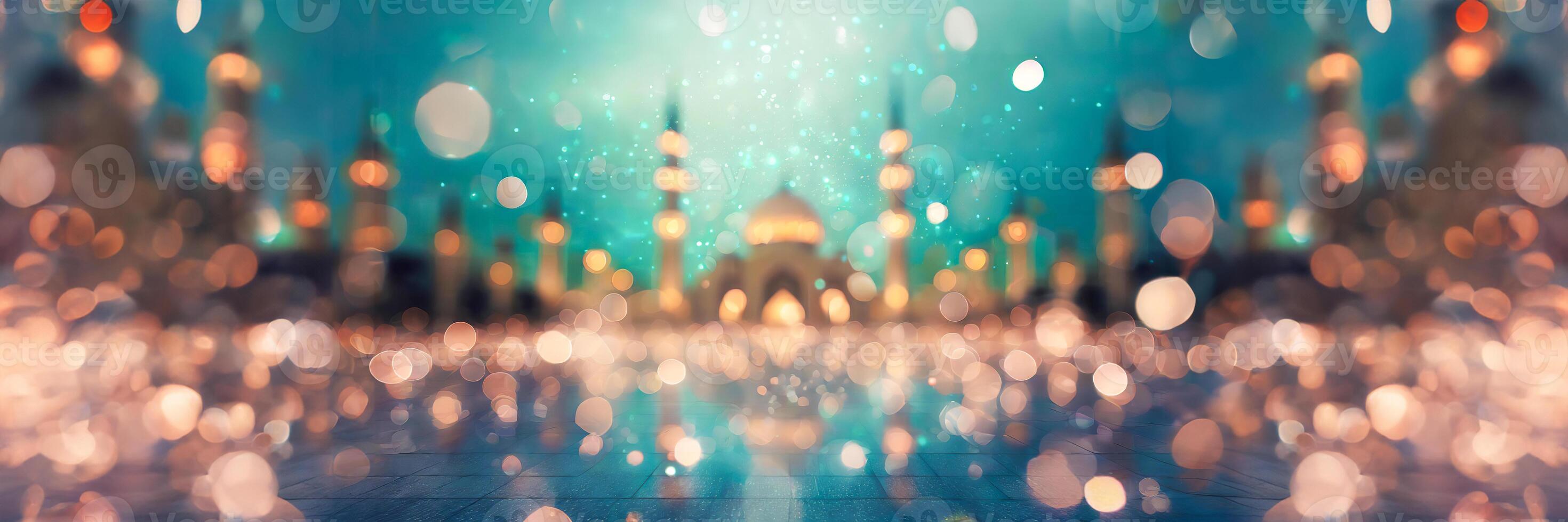 AI generated Bokeh lights illuminating a serene blurred mosque interior with arched windows and a wooden floor, super wide. photo