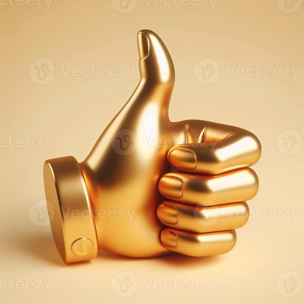AI generated A golden 3d thumbs-up hand symbol, highly detailed and realistic, set against a soft beige background photo