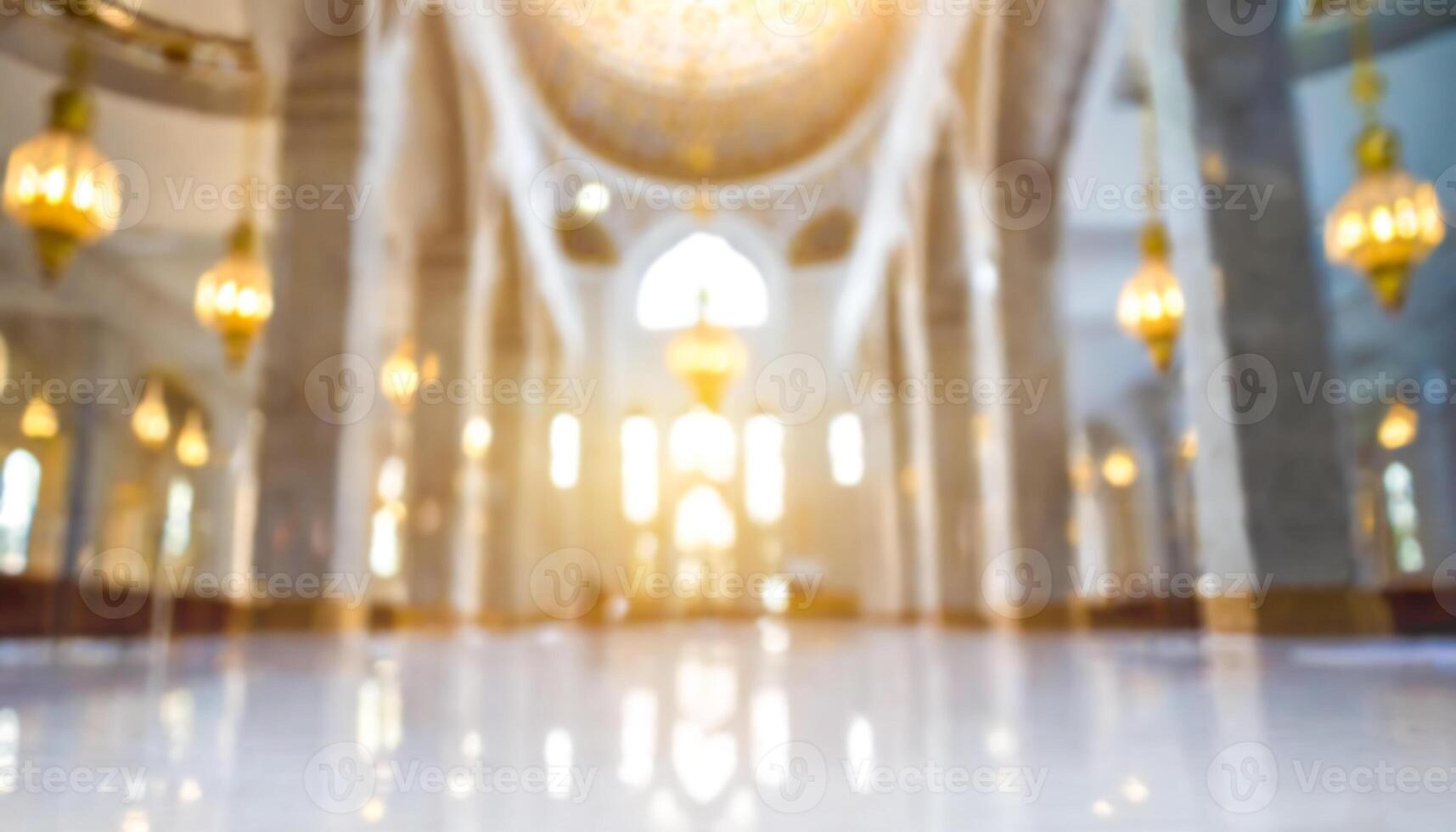 AI generated Blurred interior of a grand mosque interior with elegant chandeliers and intricate designs, chandeliers, and sunlit ambiance, bathed in natural light. photo