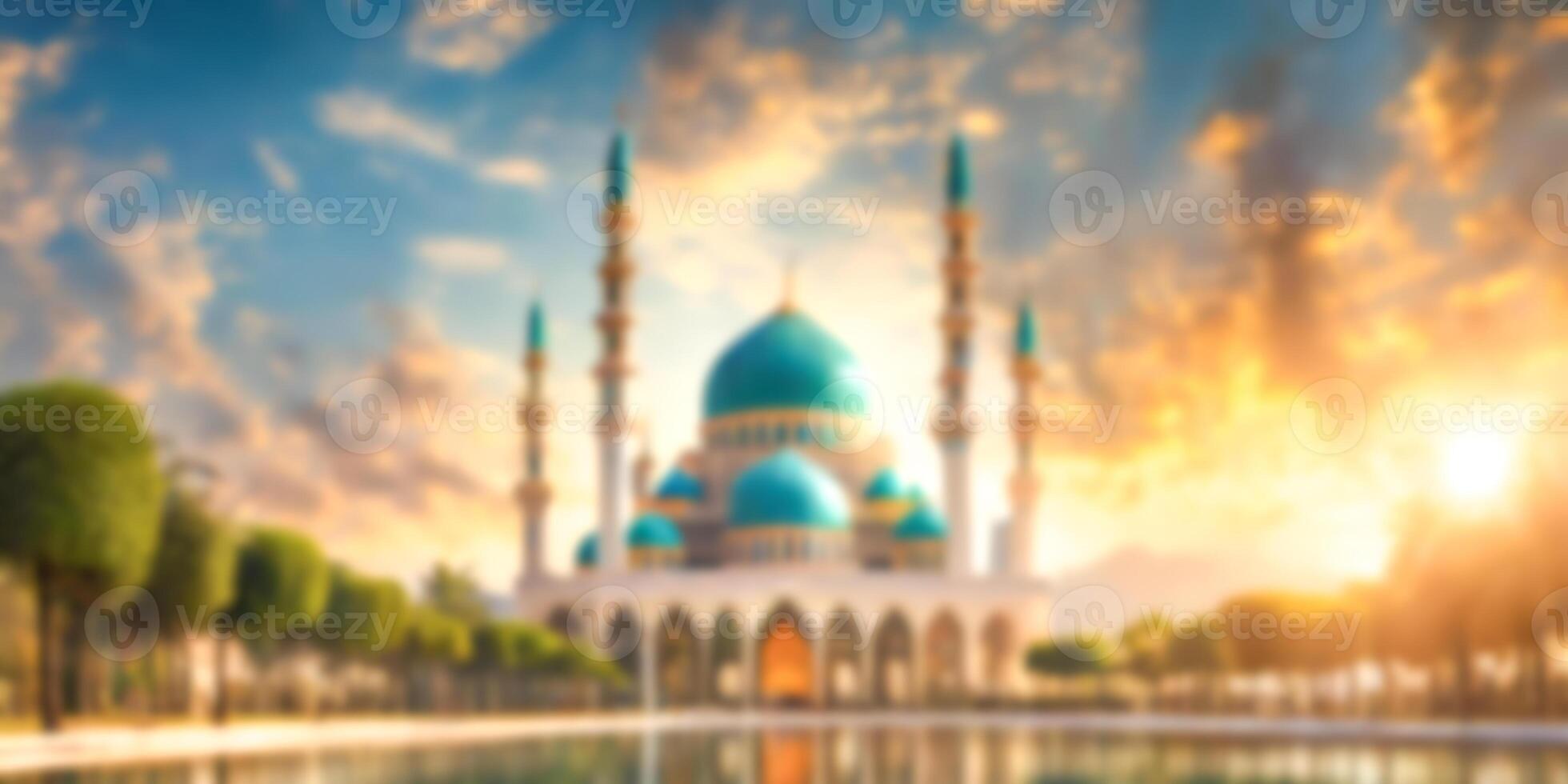 AI generated Blurred view of a majestic mosque at sunset, with a reflective pool and lush greenery photo