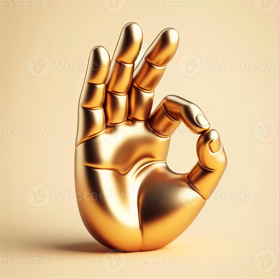 ai generado un dorado 3d mano en un Perfecto gesto aislado en un suave beige antecedentes. foto