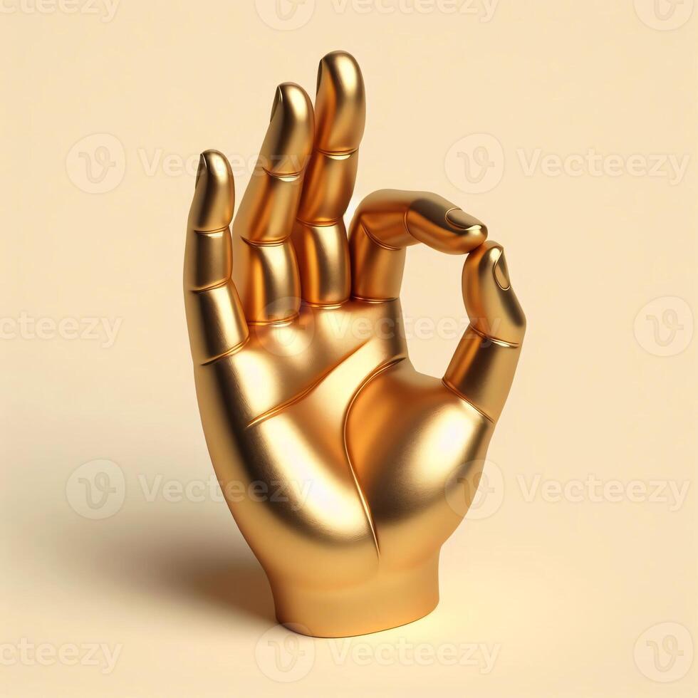 AI generated A golden 3d hand in a perfect gesture isolated on a soft beige background. photo