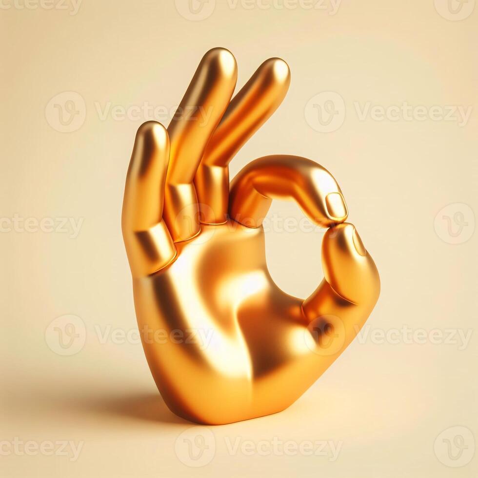 AI generated A golden 3d hand in a perfect gesture isolated on a soft beige background. photo