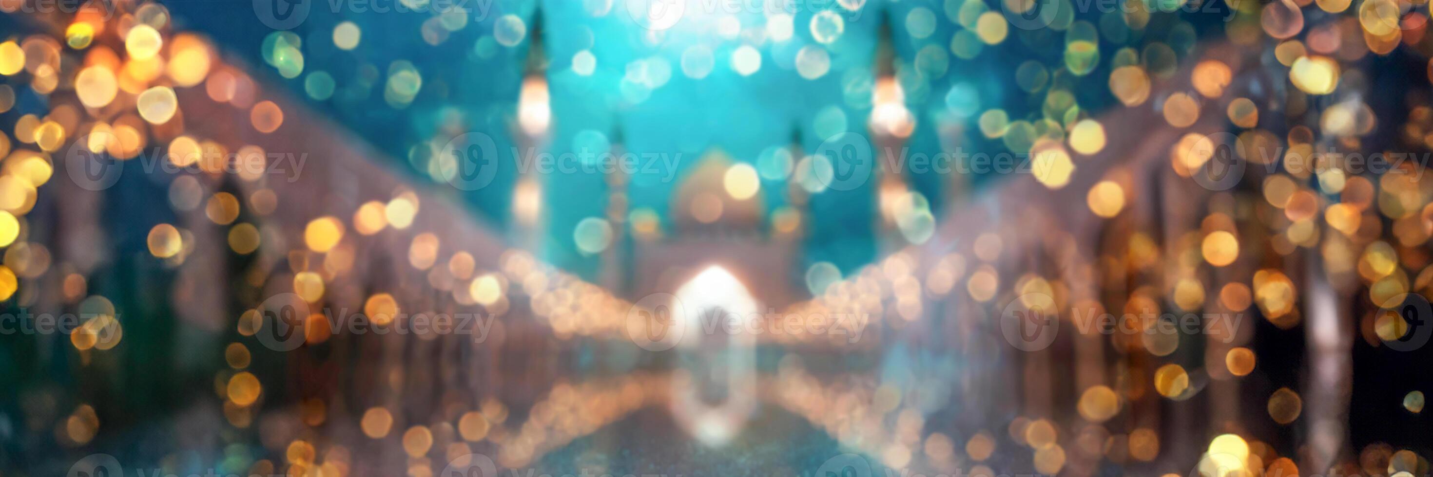 AI generated Bokeh lights illuminating a serene blurred mosque interior with arched windows and a wooden floor, super wide. photo