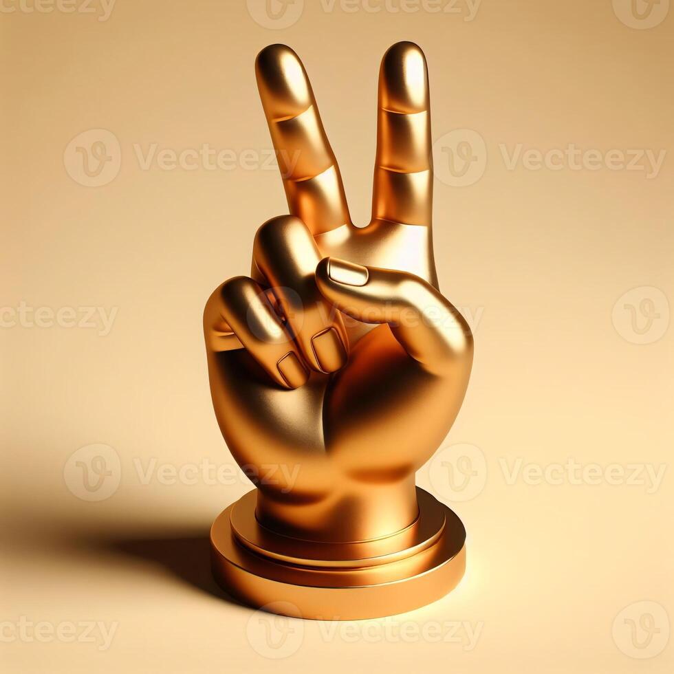 AI generated 3d gold trophy hand sculpture showing the number two with middle and index finger, peace sign gesture against a soft beige background. photo