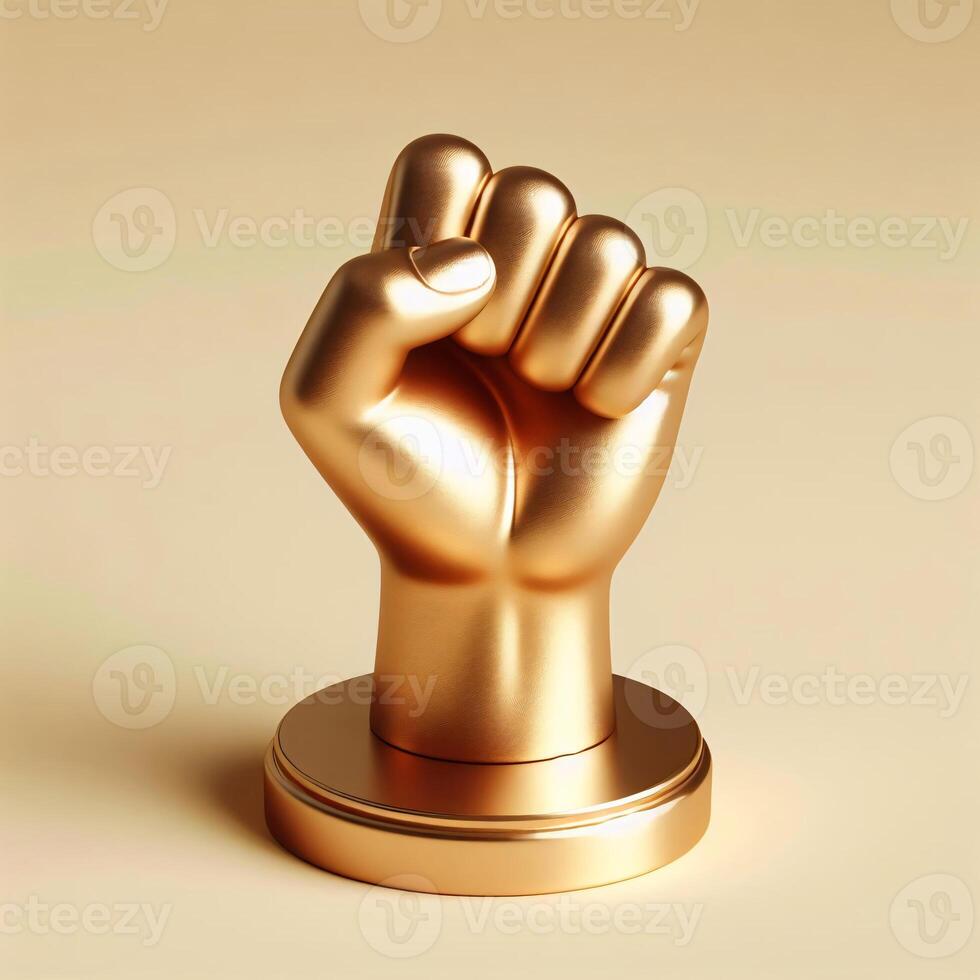 AI generated A 3d golden clenched fist symbolizing power, victory, or defiance, isolated on a soft beige background. photo