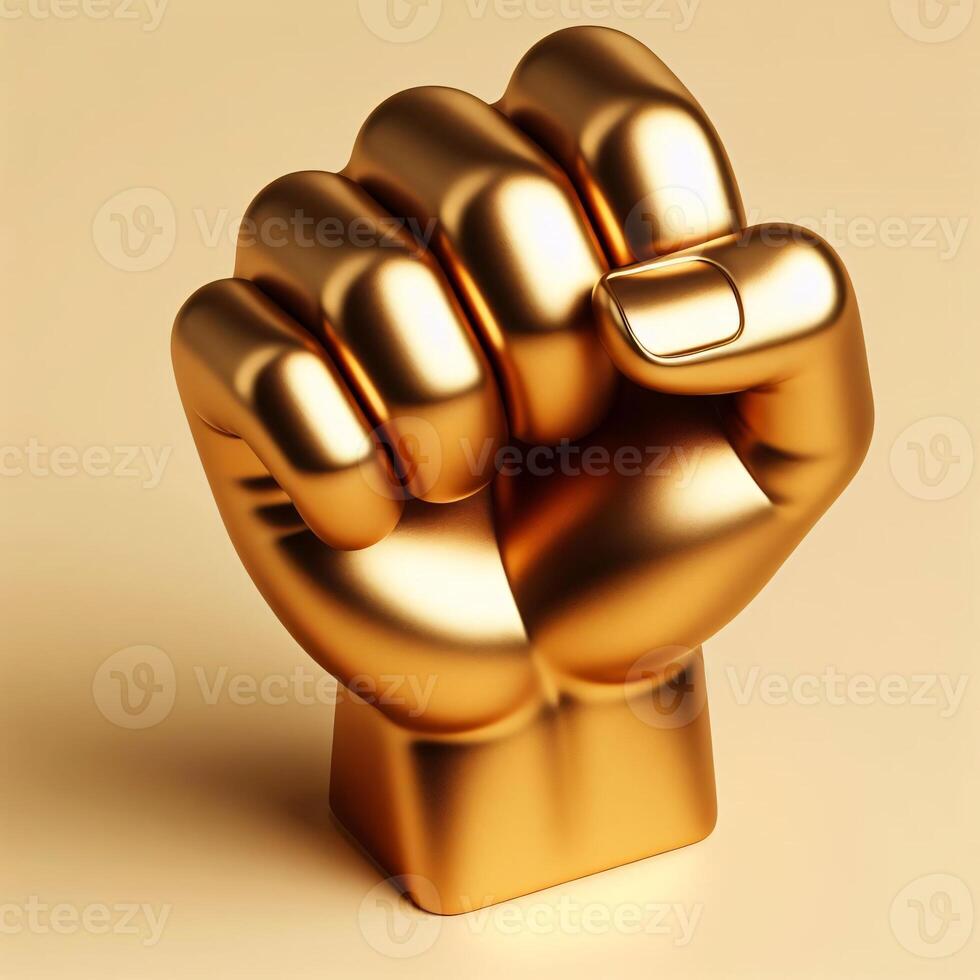 AI generated A 3d golden clenched fist symbolizing power, victory, or defiance, isolated on a soft beige background. photo