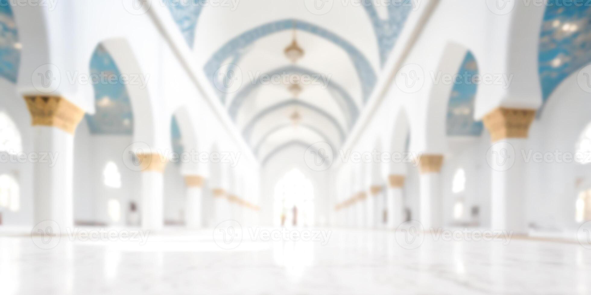 AI generated Blurred interior of a grand mosque, showcasing intricate designs, arches, chandeliers, and golden ornament. photo