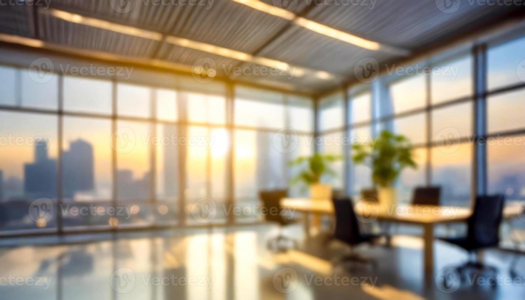 AI generated Modern office with large windows, showcasing a breathtaking cityscape view at sunset, furnished with stylish desks and chairs. photo