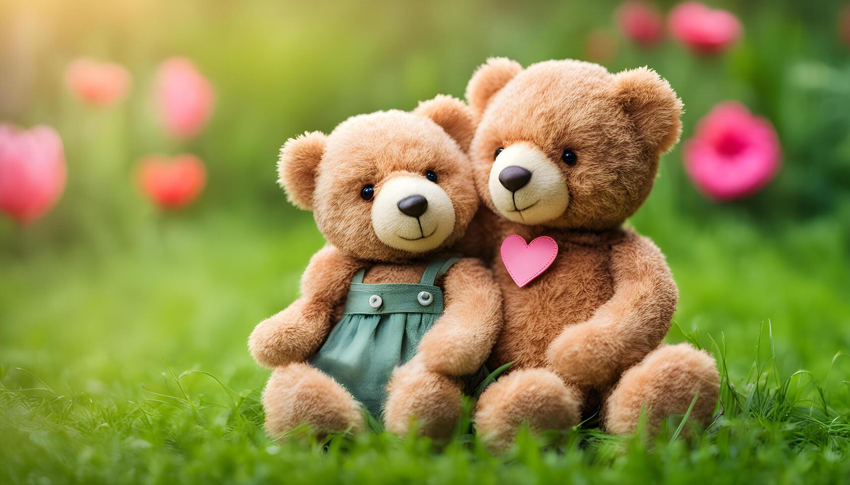 AI generated two teddy bears sitting on the grass with flowers in the background photo