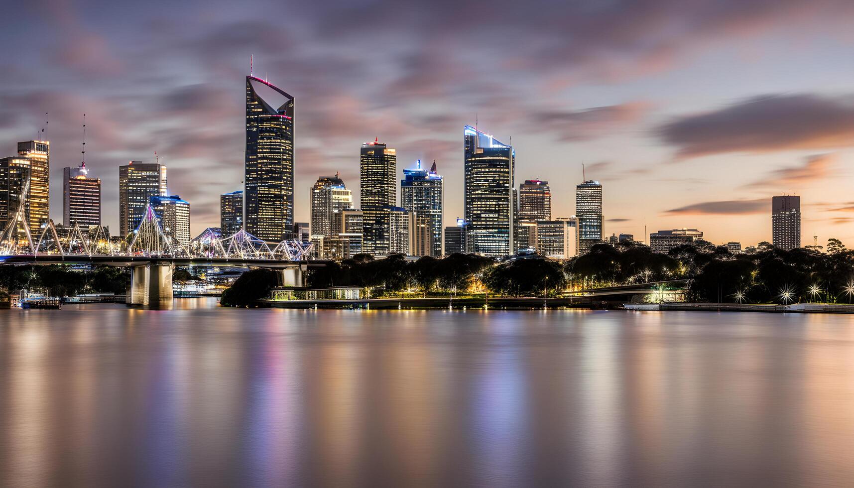 AI generated a city skyline at dusk with a bridge over water photo