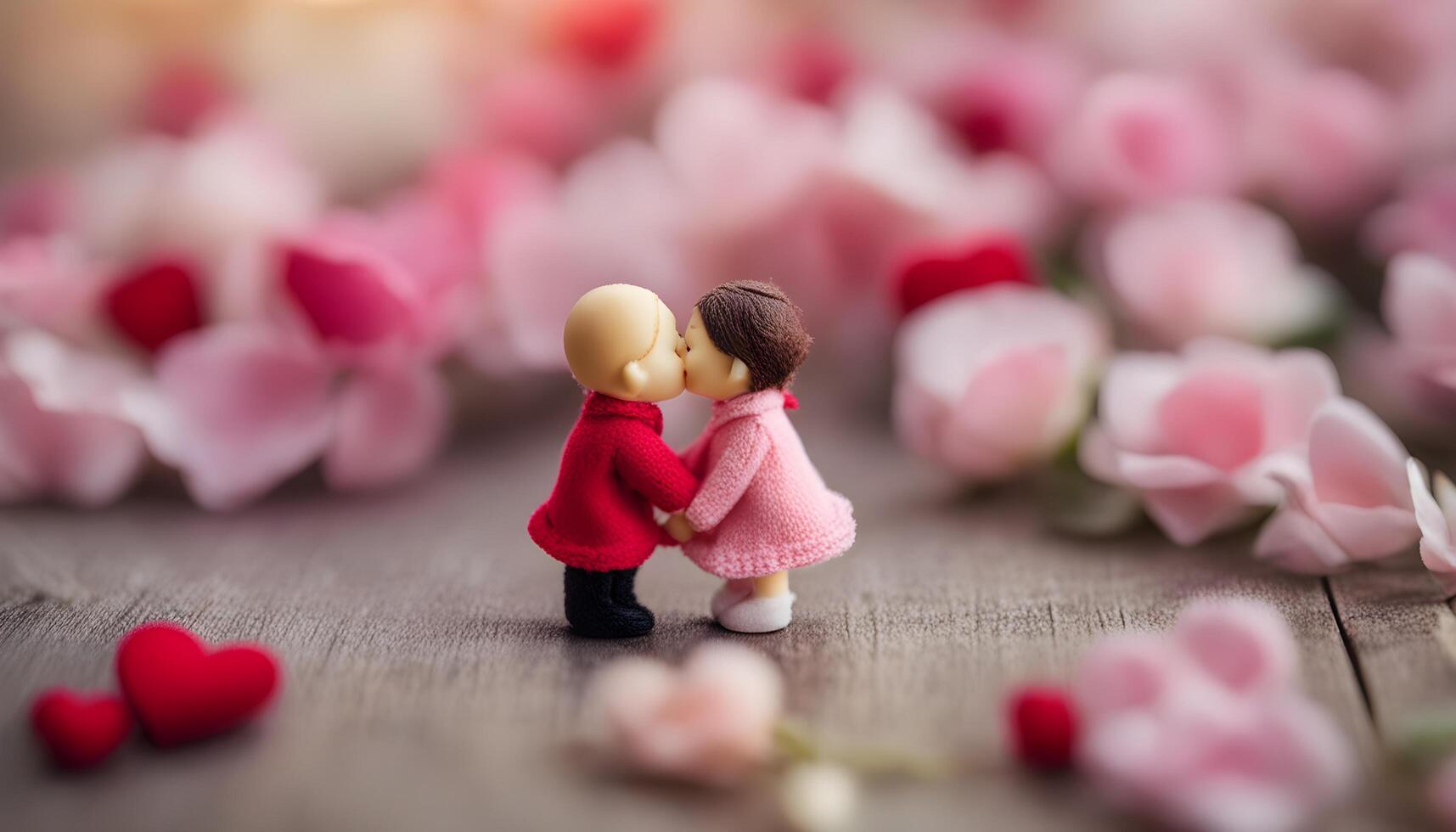 AI generated a miniature couple kissing on a wooden table with flowers photo