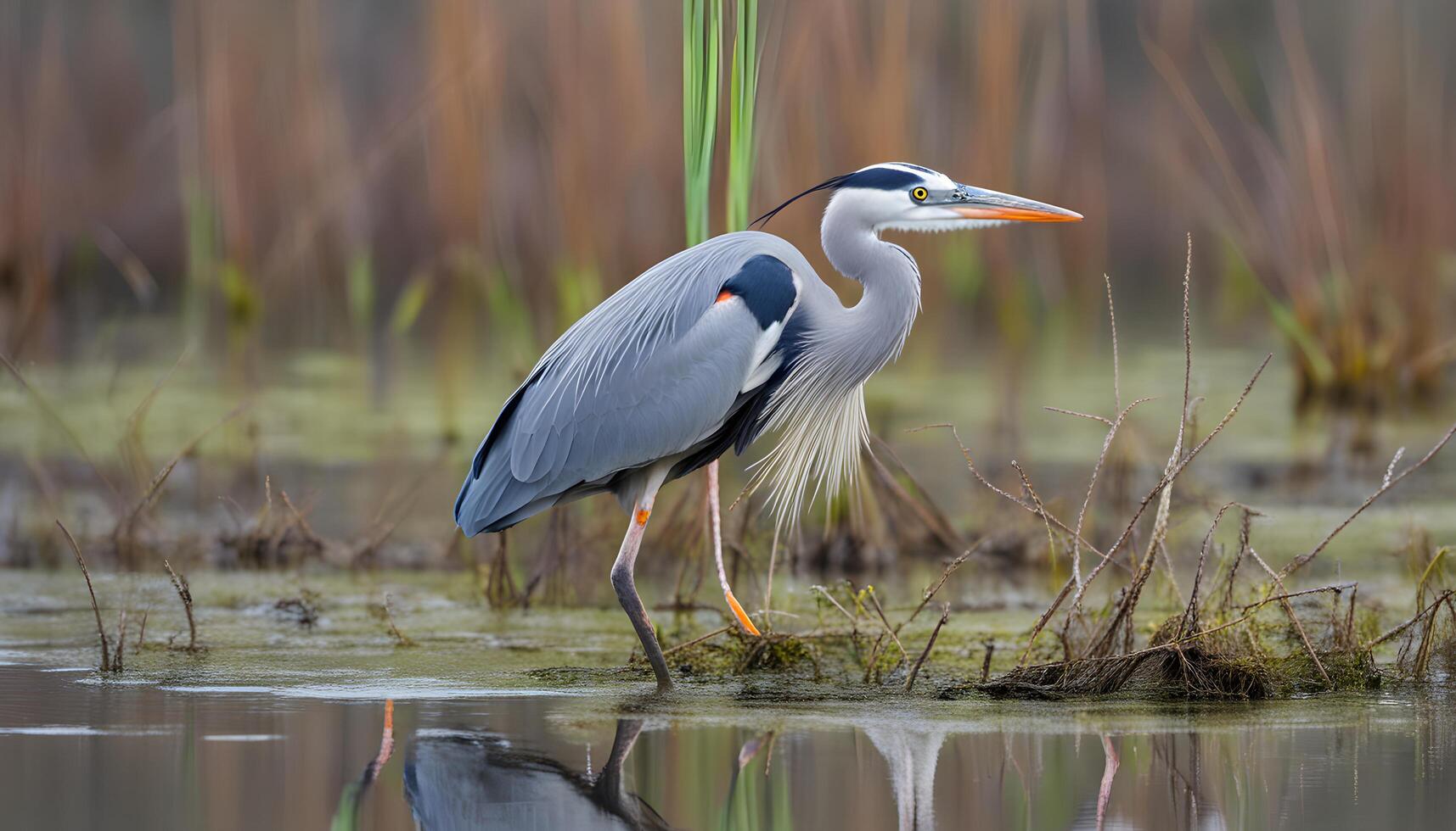AI generated a heron standing in the water near tall grass photo