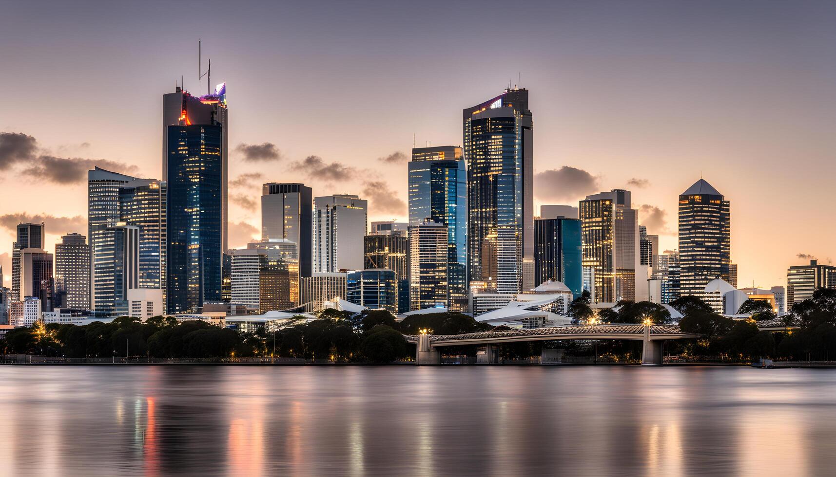 AI generated a city skyline at dusk with a river and water photo