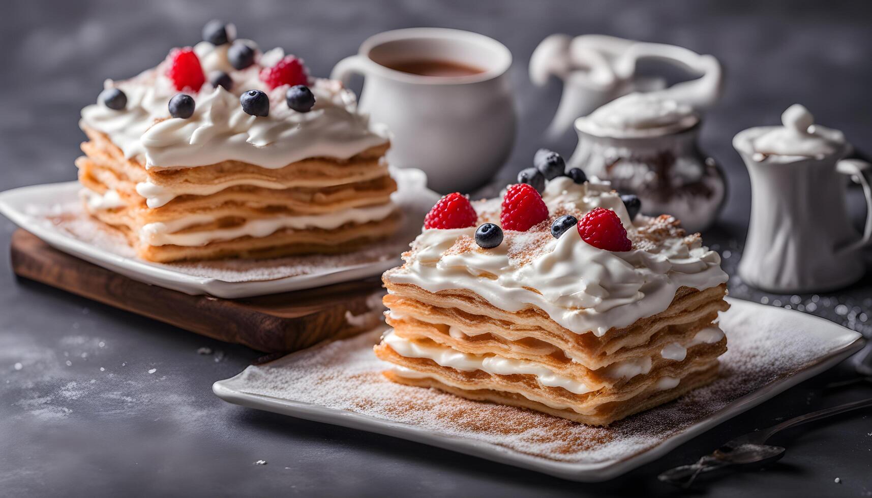 AI generated two cakes with whipped cream and berries on a plate photo