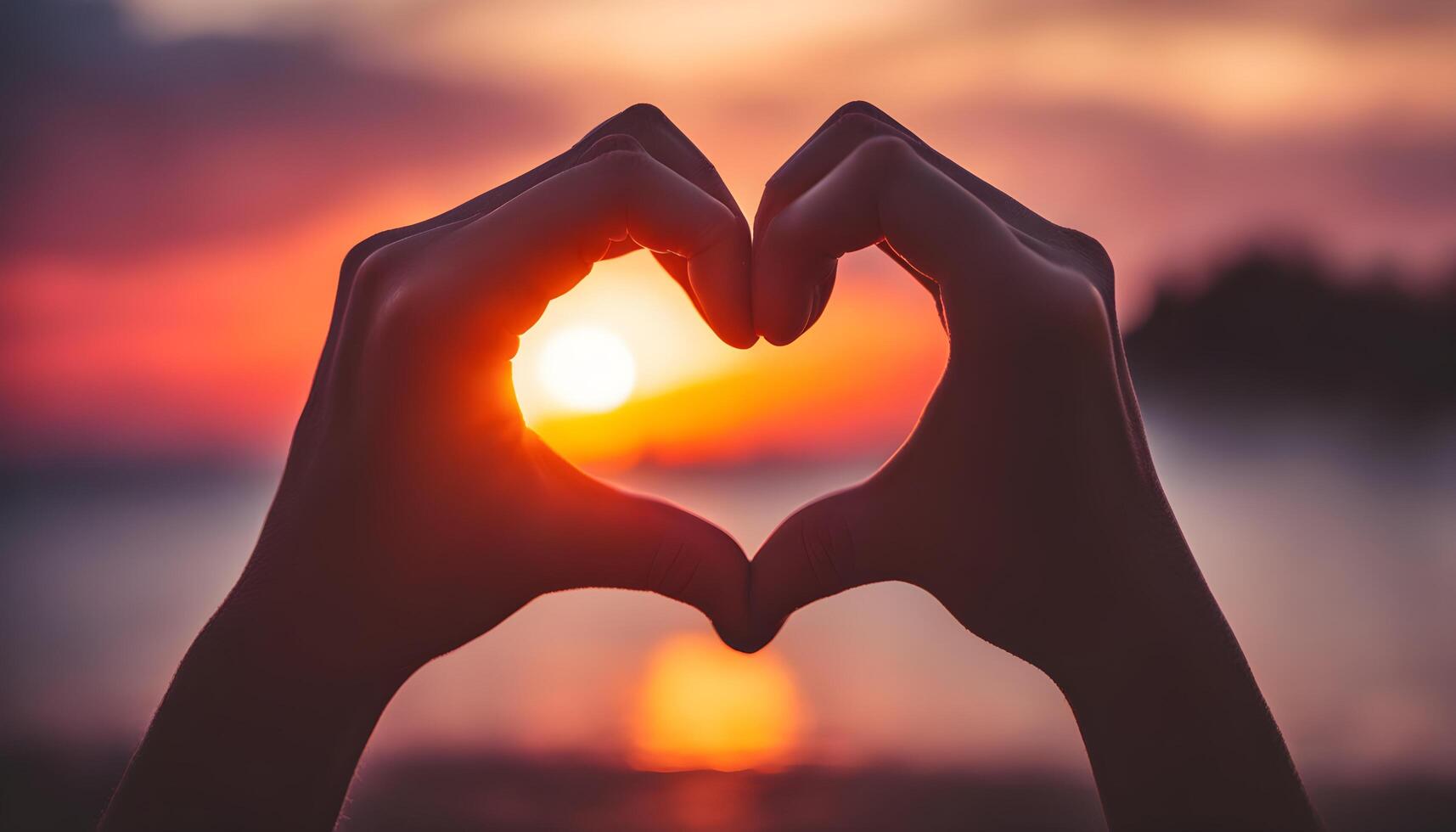 AI generated hands making heart shape with sunset in background photo