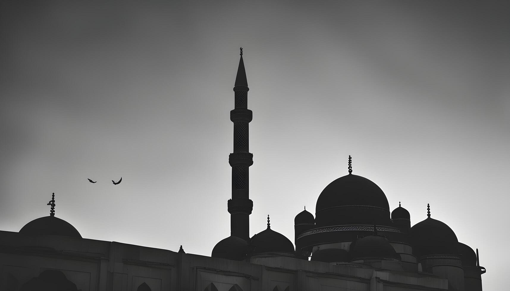 ai generado un negro y blanco foto de un mezquita con dos minaretes