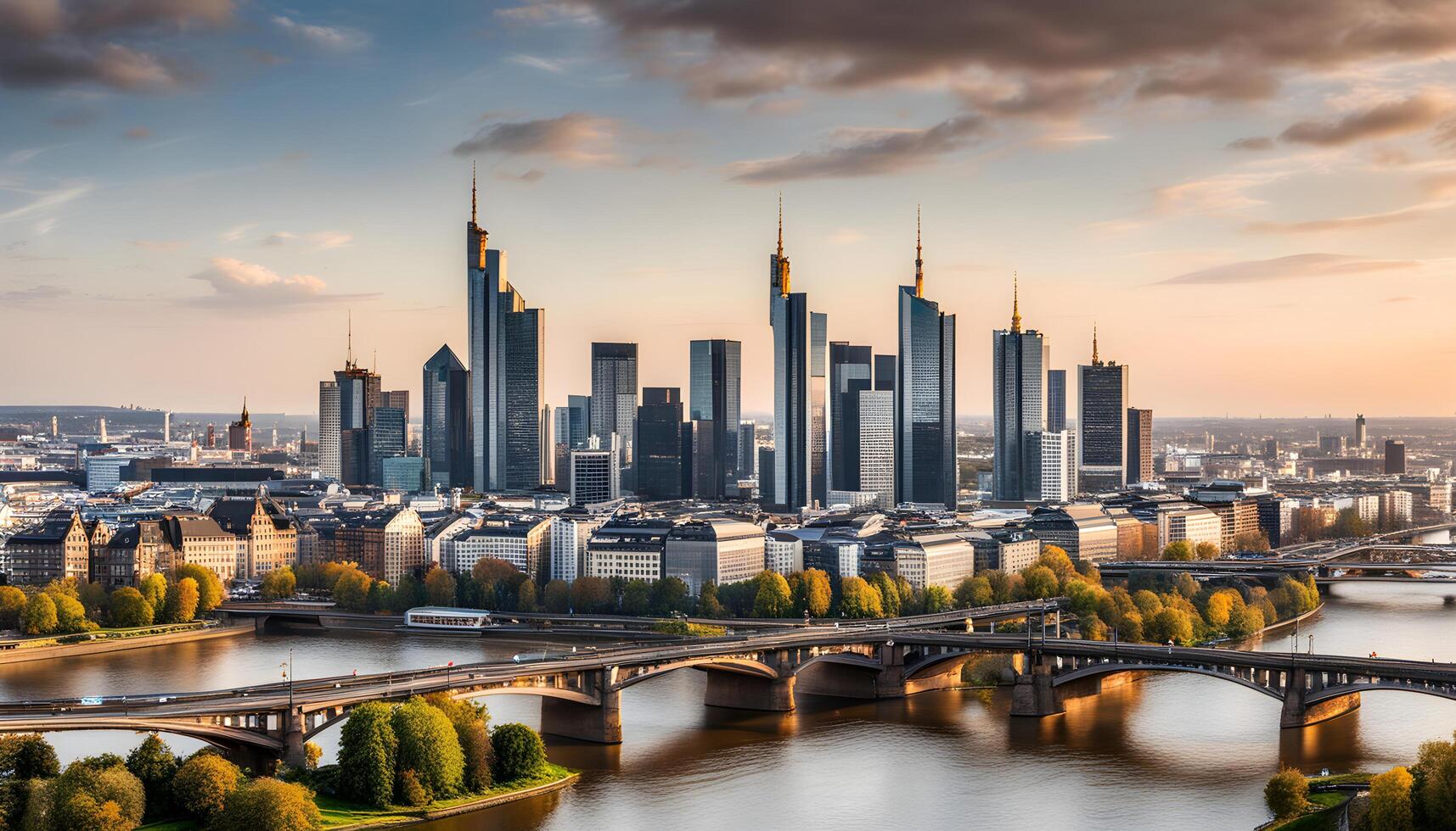 ai generado frankfurt horizonte a atardecer, Alemania foto